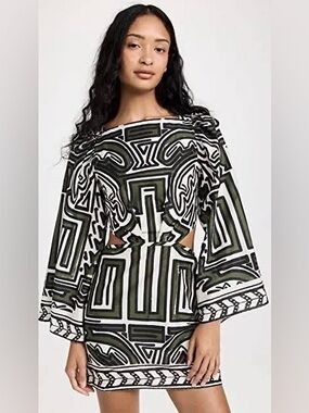 Johanna Ortiz Olive Green and Black Graphic Mini Dress